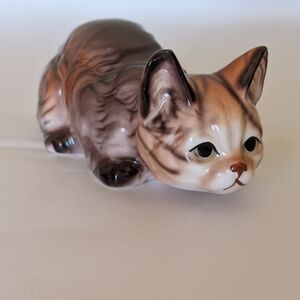 Vintage Hand painted  Crouching Tabby Kitten Figurine Cat Lover Cat Lady Ceramic